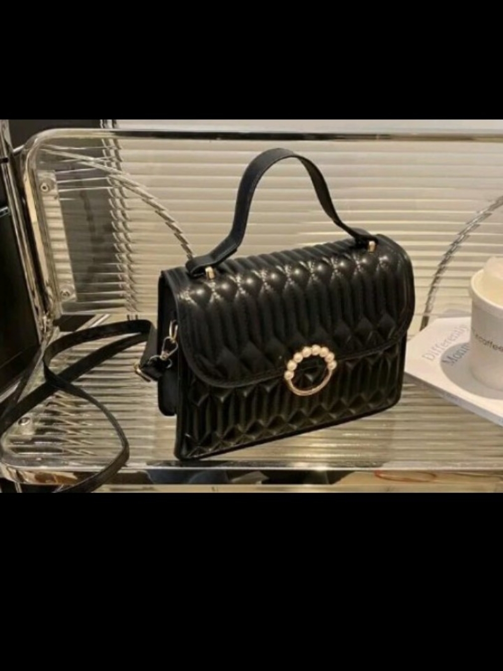 Black Quilted Pearl Ring Top-Handle Shoulder Bag